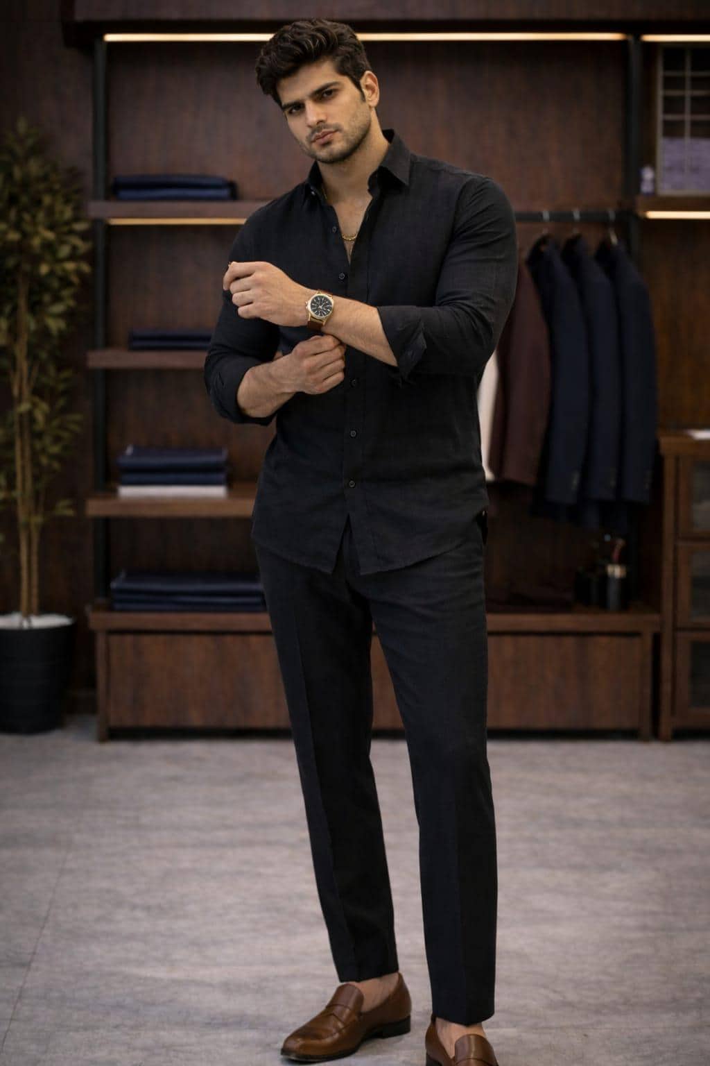Black Linen Cotton Shirt and Trouser Set, Slim Fit Menswear Outfit - image 3