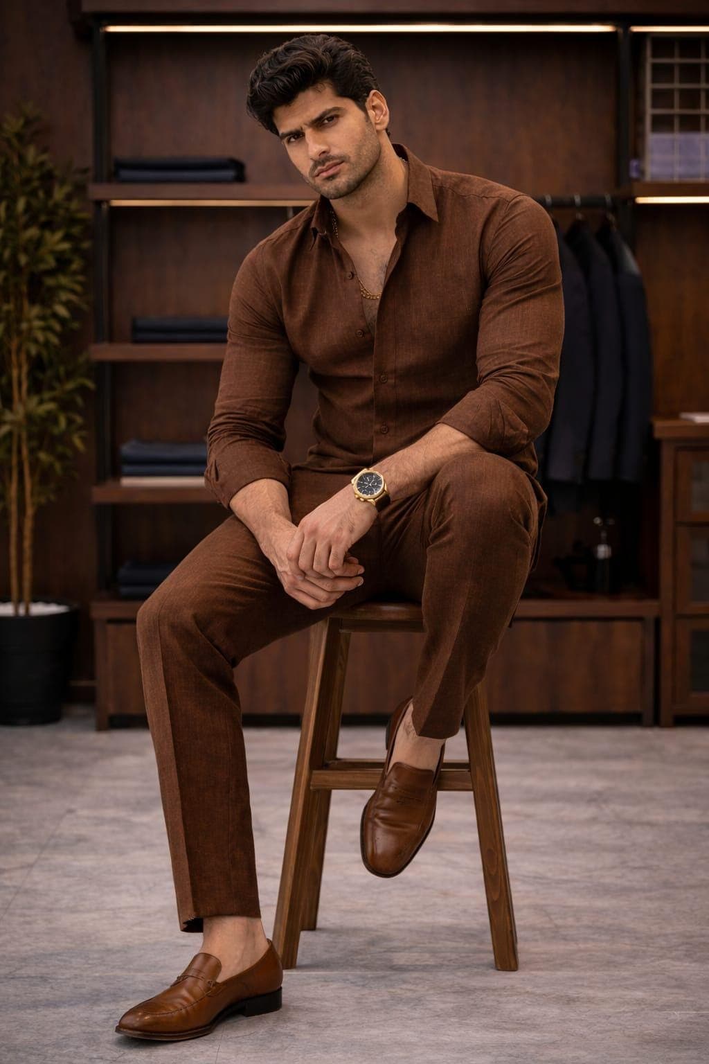 Brown Linen Cotton Shirt and Trouser Set, Slim Fit Menswear Outfit - image 4