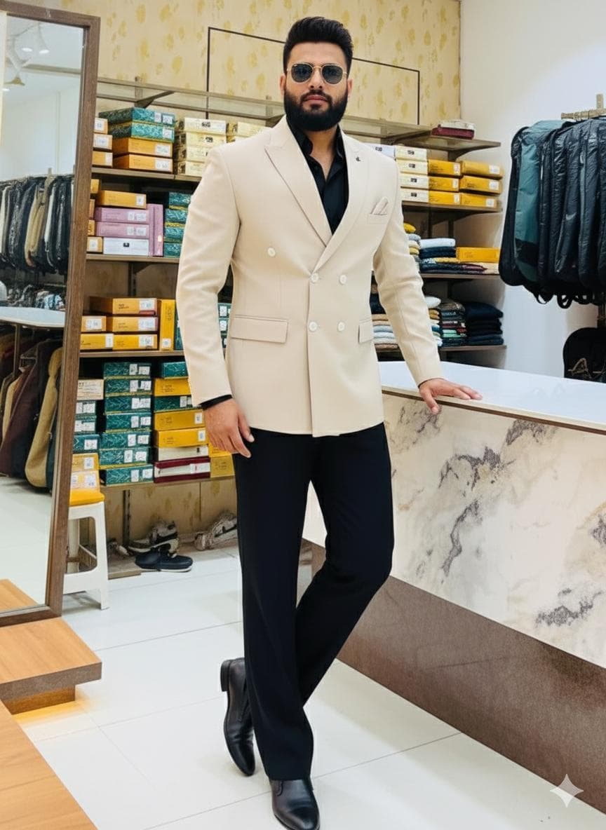 Men's Cream Double Breasted Blazer Set | Terry Rayon, Black Trousers - image 4