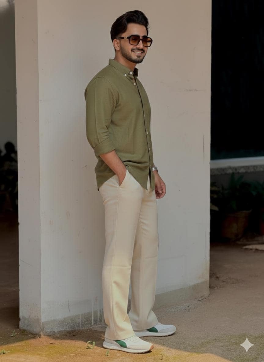 Men's Olive Green Shirt & Cream Trousers | Two-Piece Outfit - image 3