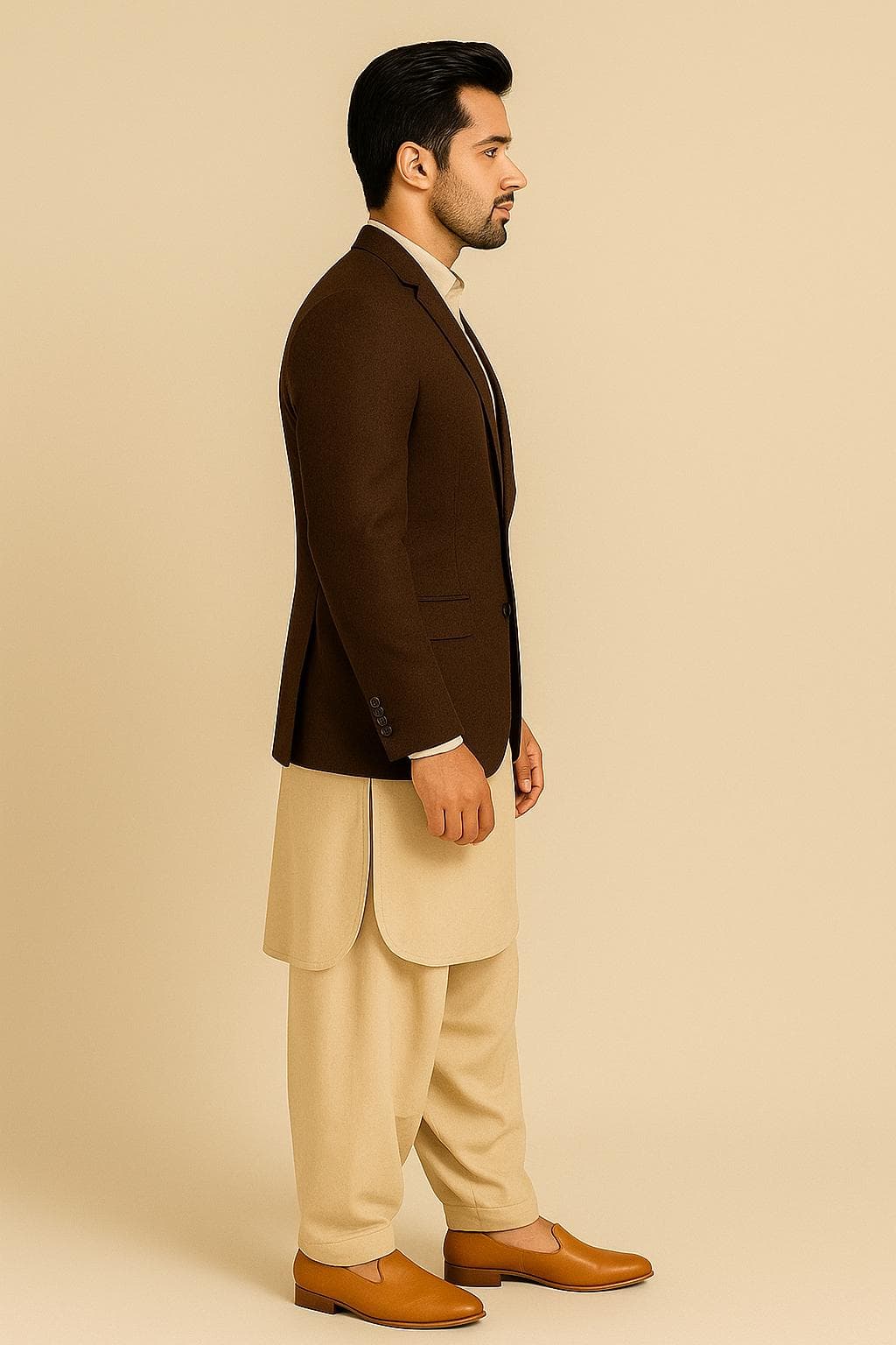 Men's Cream Pathani Kurta Shalwar with Chocolate Brown Blazer: Pakistani/Indian Wedding Outfit - image 5