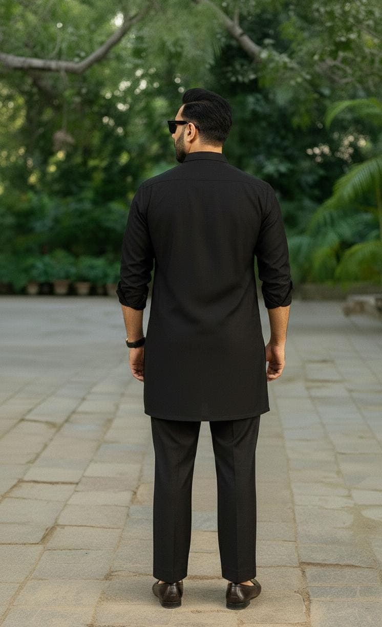 Black Cotton Blend Kurta Pajama Set: Traditional Indian Pakistani Outfit - image 4