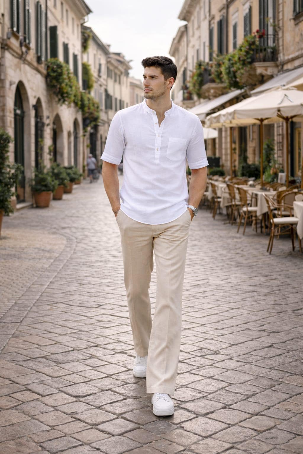 Men's White Linen Cotton Kurta Shirt Beige Pants Set | Breathable Summer Vacation Outfit - image 3