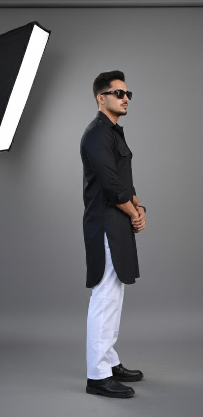 Men's Black Cotton Kurta Pajama Set | Minimalist Indian Outfit - image 3