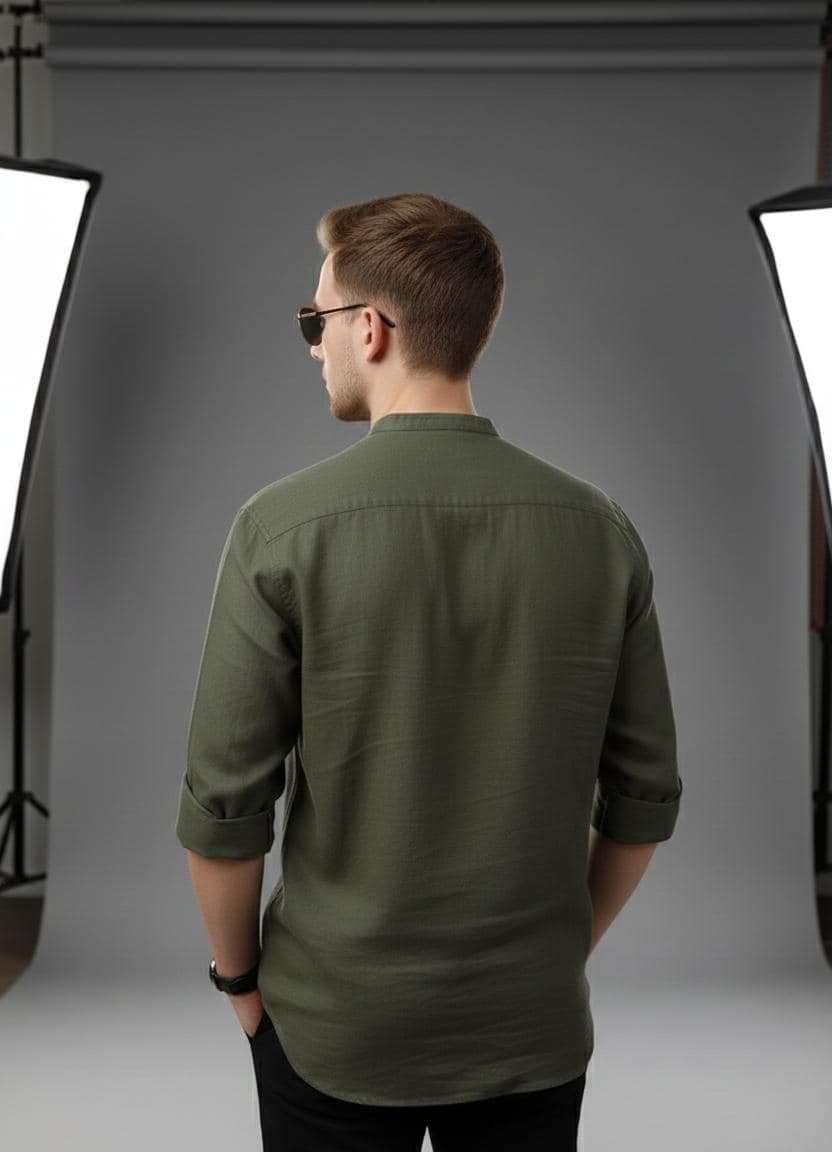 Men's Short Kurta Shirt | Olive Green Cotton Linen Top - image 4