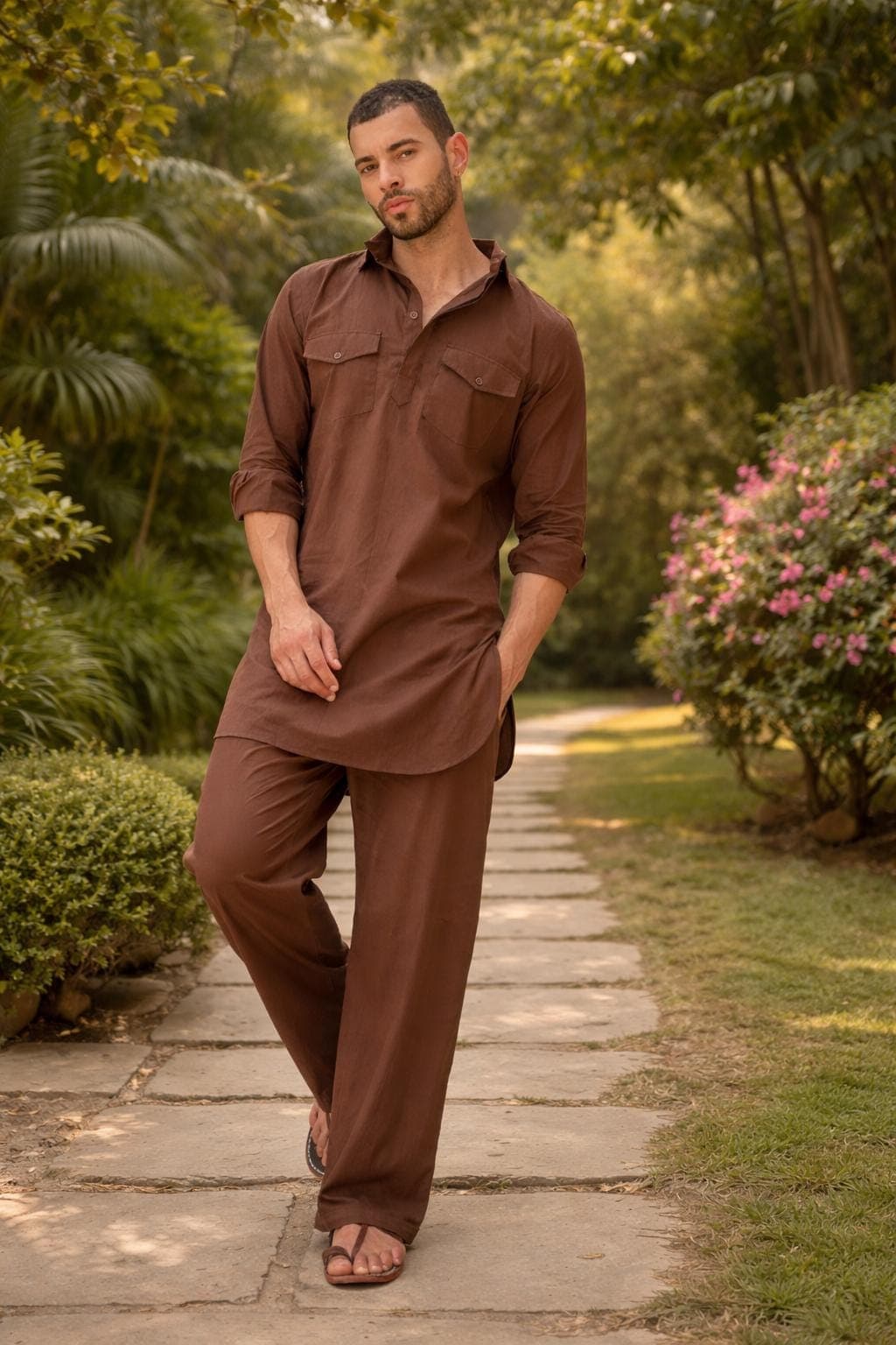Men's Brown Cotton Pathani Kurta Pajama Set | Ethnic Wear