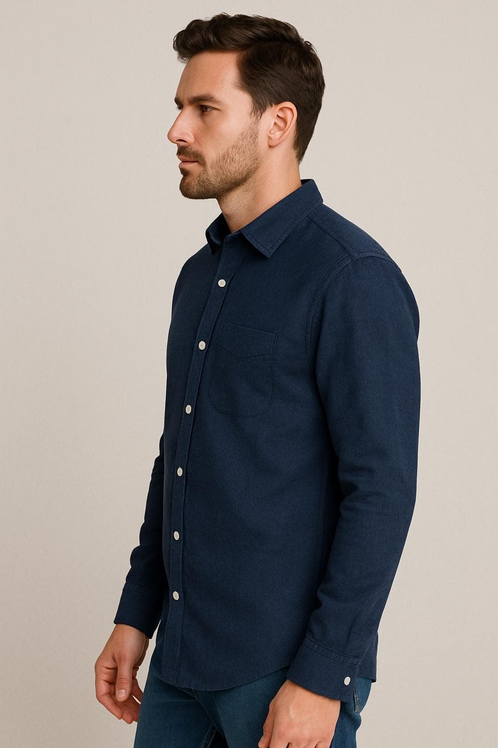 Men's Navy Blue Cotton Button-Up Shirt: Classic Long Sleeve - image 3