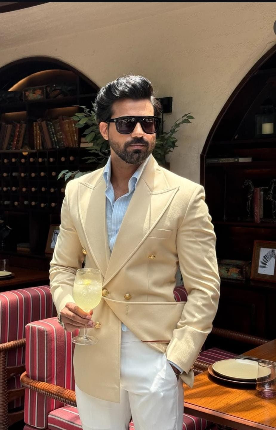 Men's Beige Double Breasted Blazer & White Trouser Set | Formal Poly-Viscose Suit - image 3