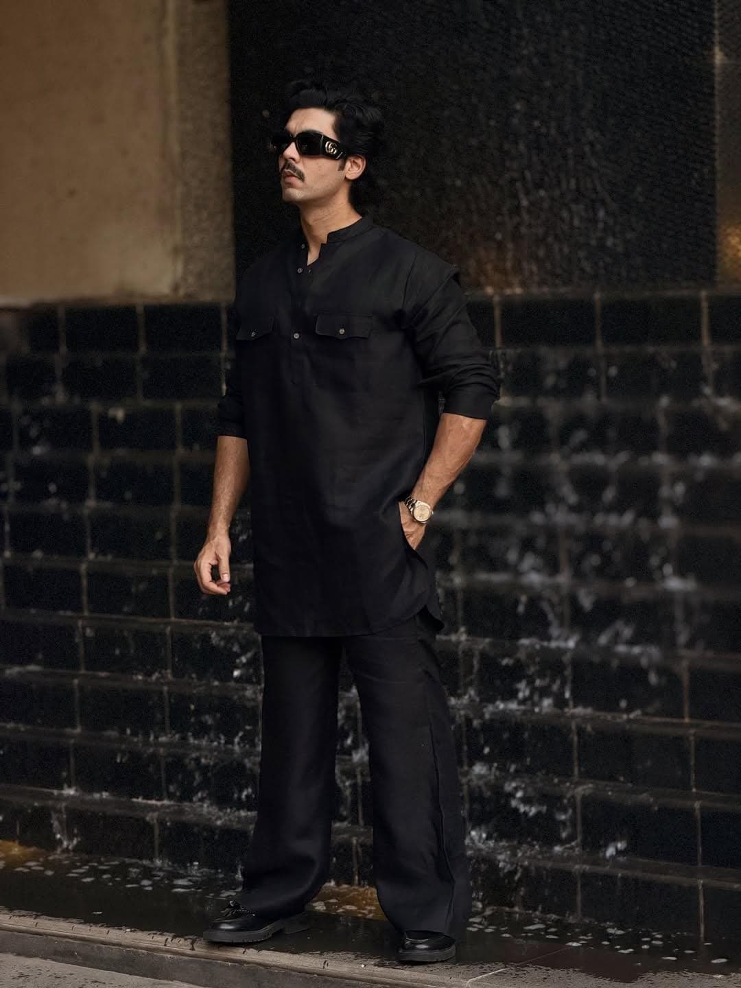 Men's Black Pathani Kurta Pajama Set – Linen Cotton Traditional Eid Outfit - image 4