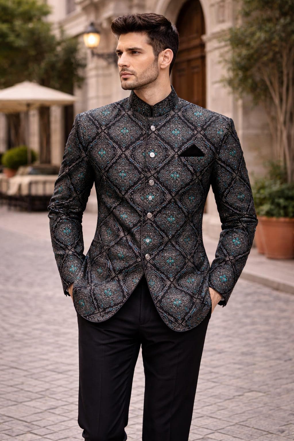 Men's Black Embroidered Bandhgala Blazer | Indo Western Jacquard Jacket