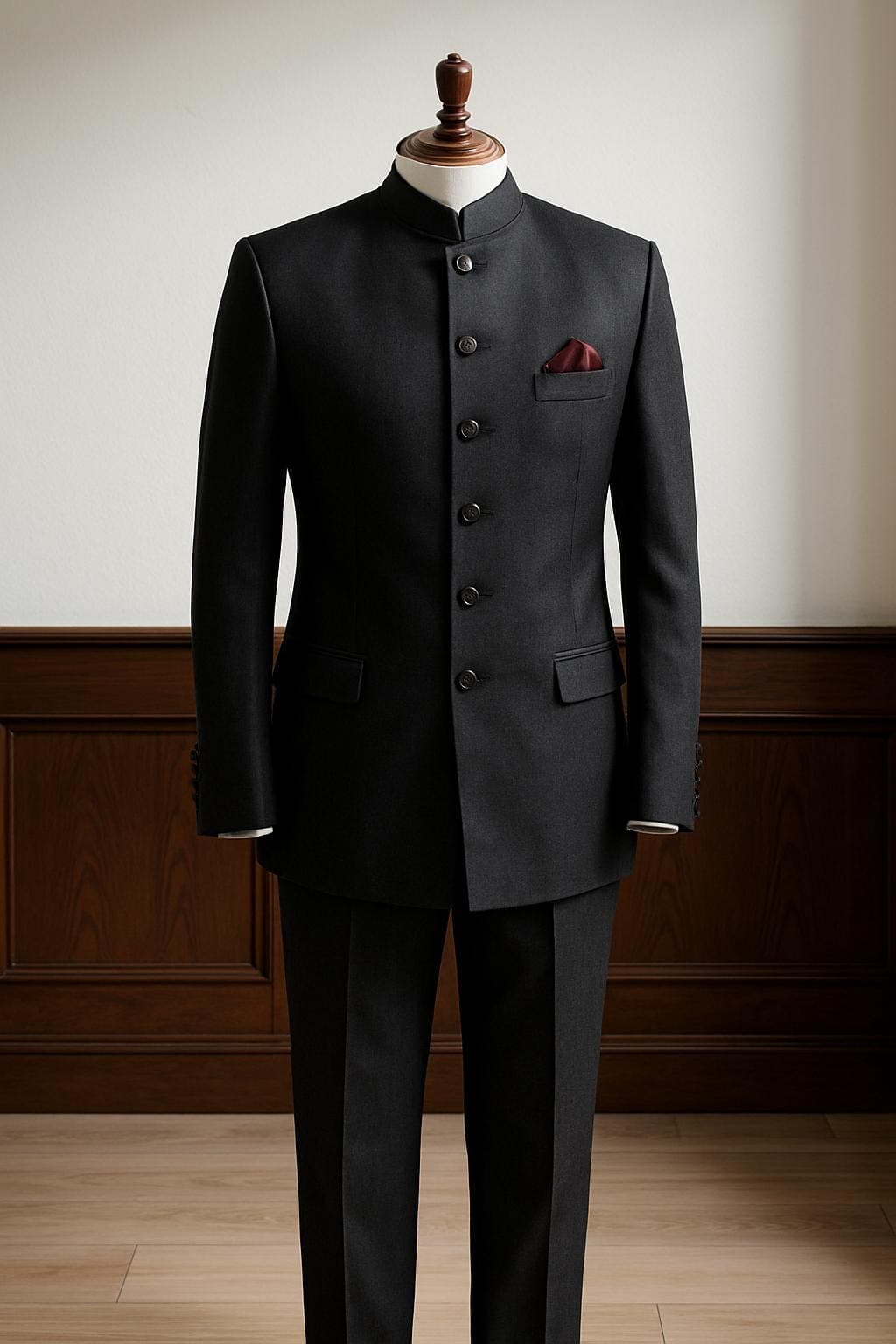 Men's indo western Jodhpuri Suit: Nehru Collar Bandhgala Jacket, Burgundy Pocket Square - image 3