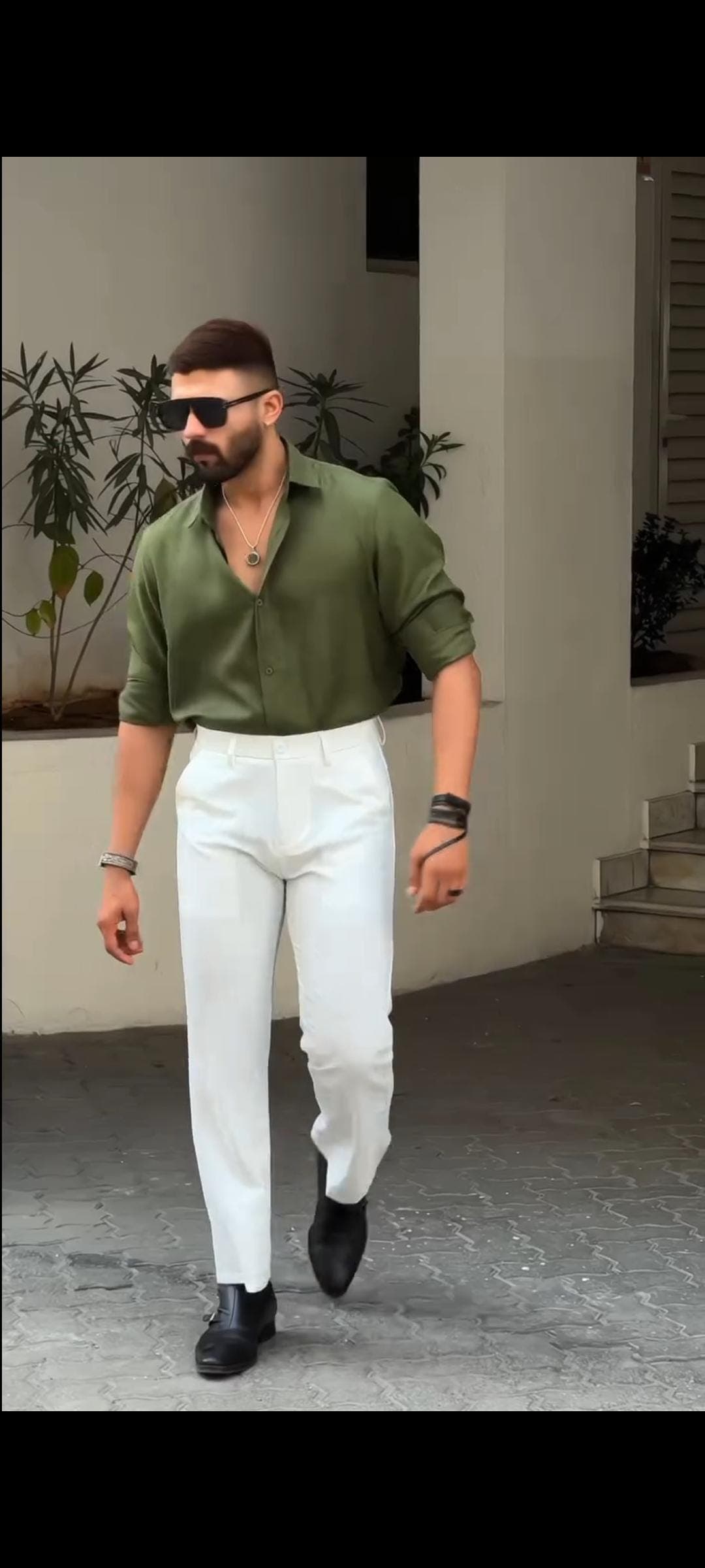 Men's Olive Green Linen Shirt & White Trouser Set | Summer Beach Outfit