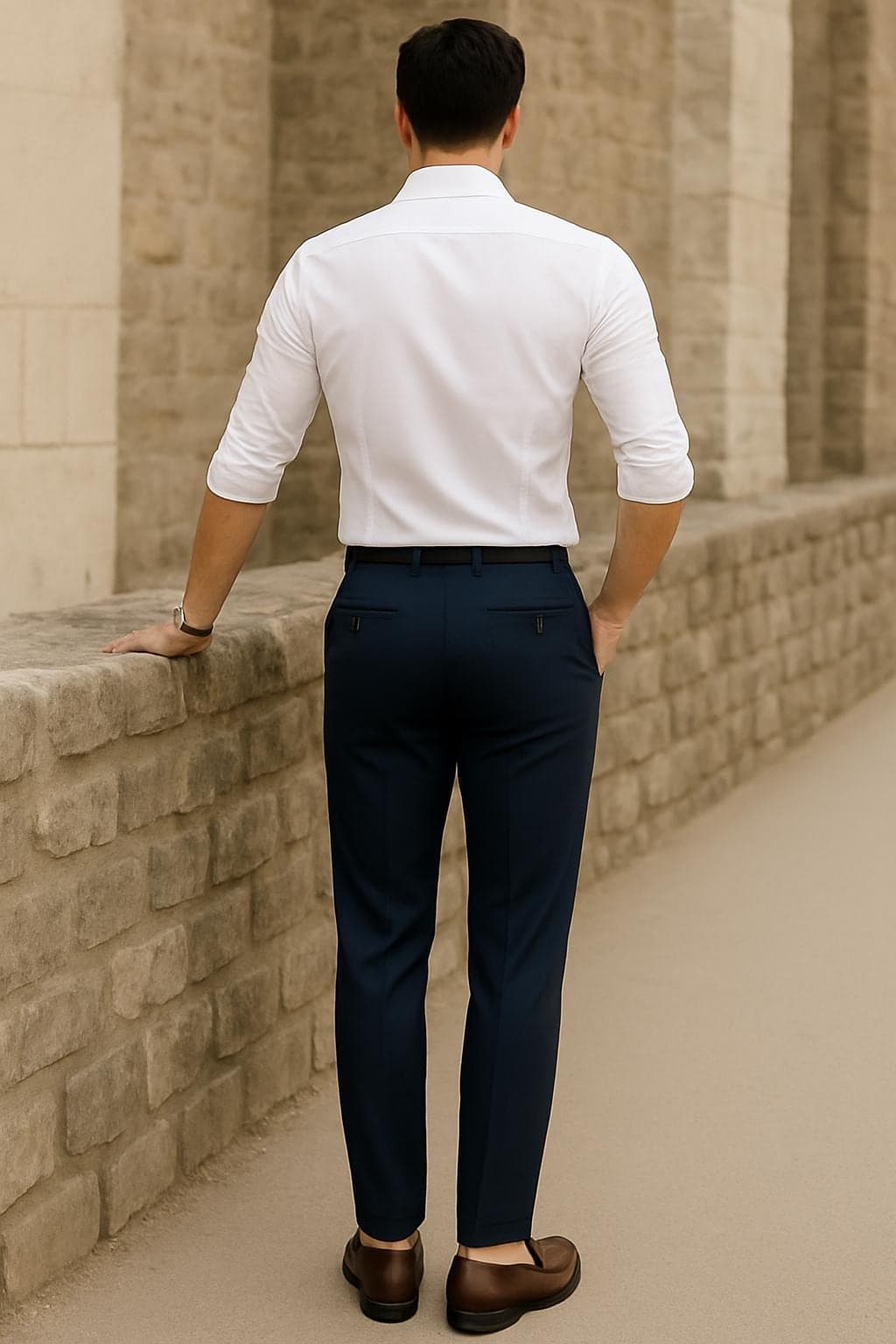 Men's White Cotton Blend Dress Shirt with Navy Terry Rayon Slim Fit Trousers - image 3