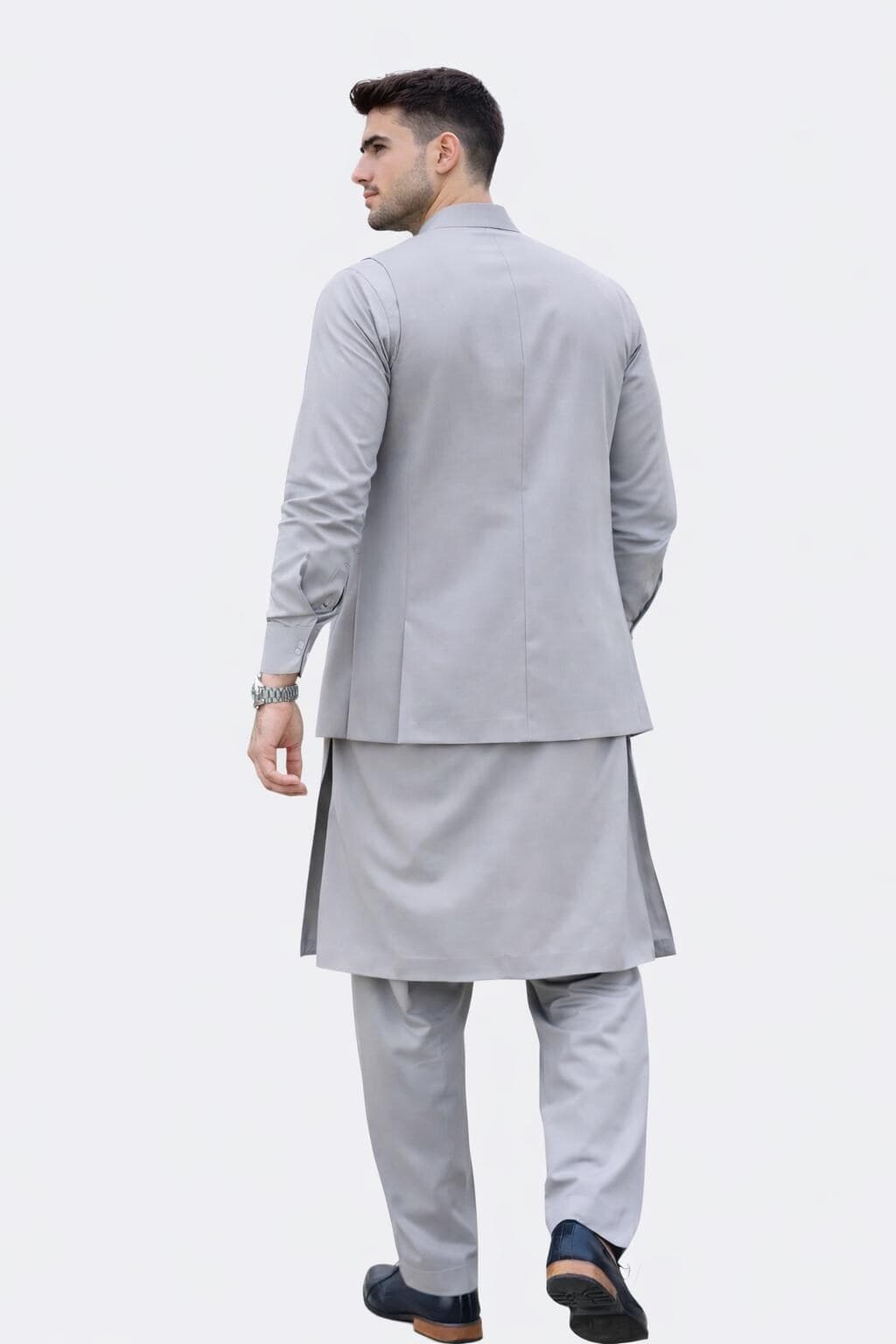 Back side view of men’s light grey waistcoat kurta set, elegant formal festive outfit for engagement and Eid.