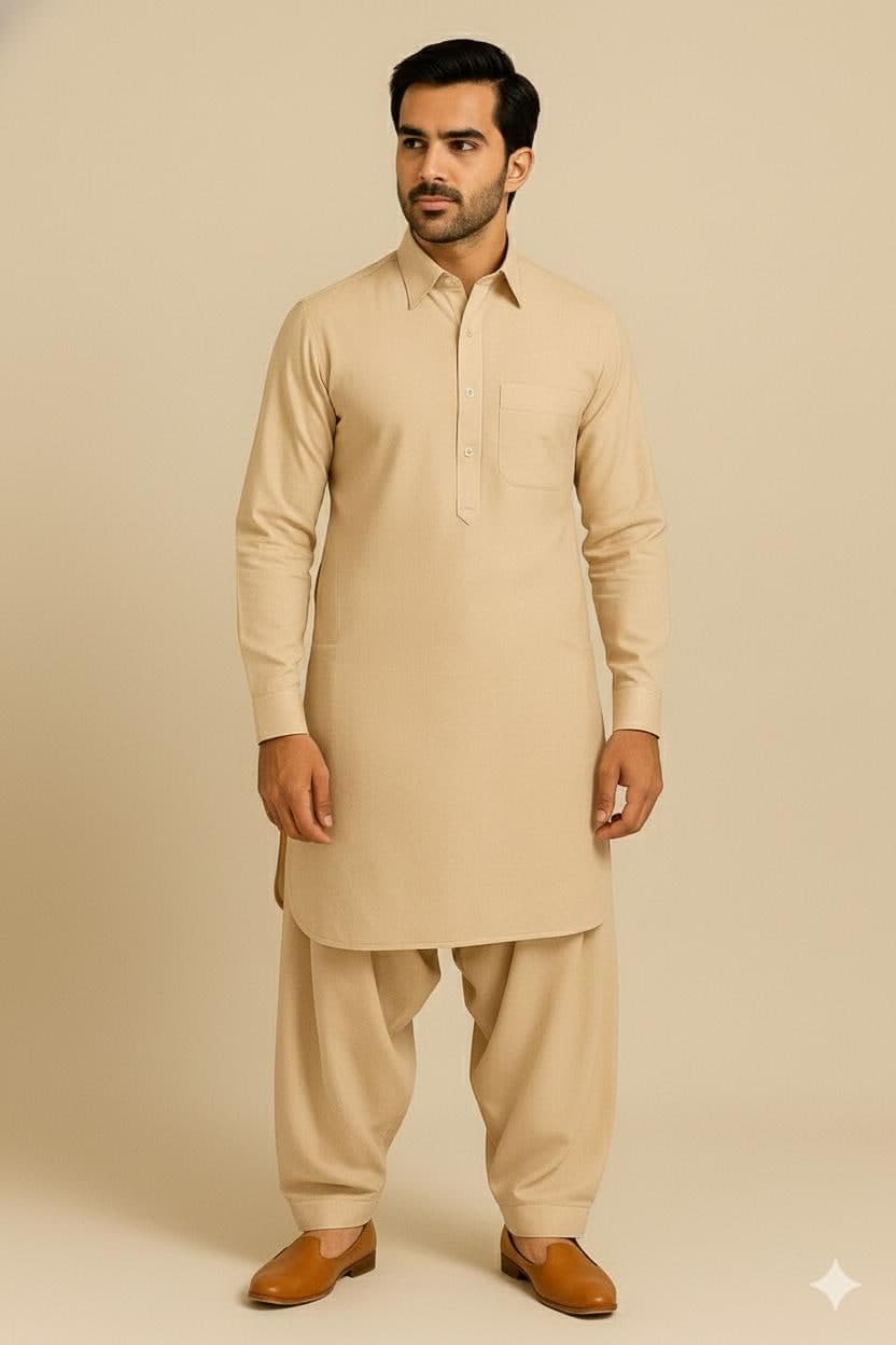 Men's Cream Pathani Kurta Shalwar with Chocolate Brown Blazer: Pakistani/Indian Wedding Outfit - image 3