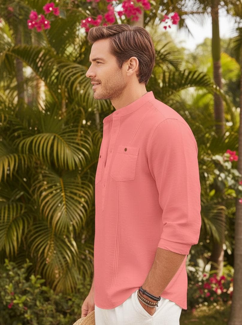 Men's Peach Pink Cotton Kurta Shirt | Lightweight Summer Ethnic Top - image 3