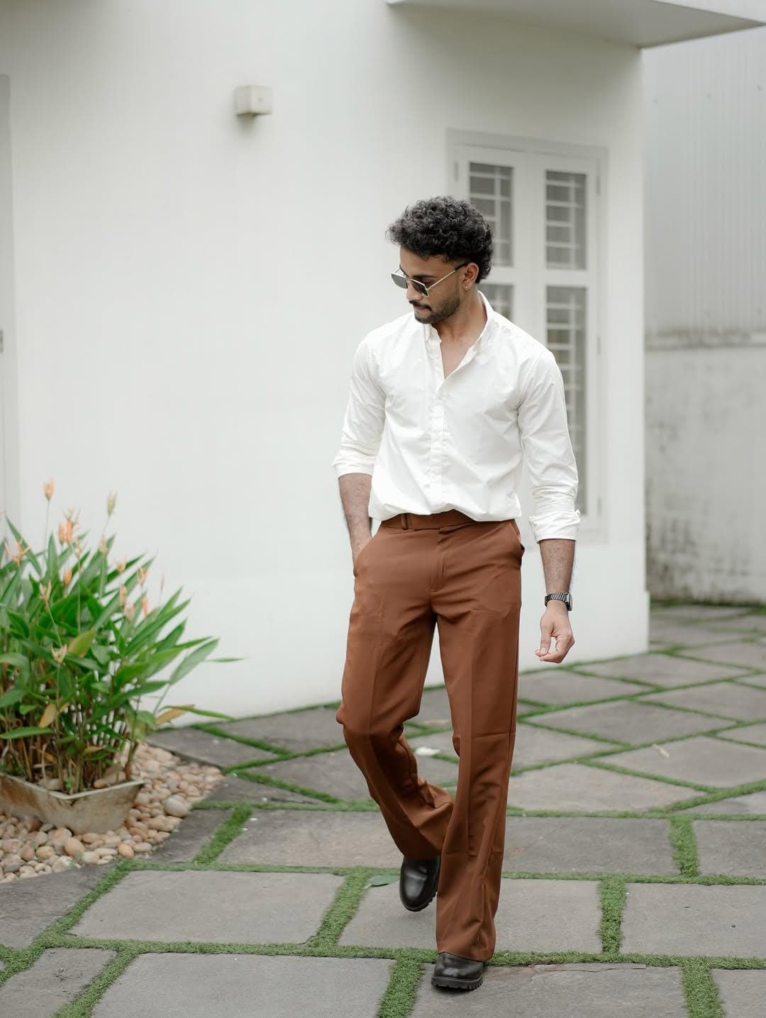Men's White Cotton Shirt with Brown Trousers | Smart Casual Office Outfit