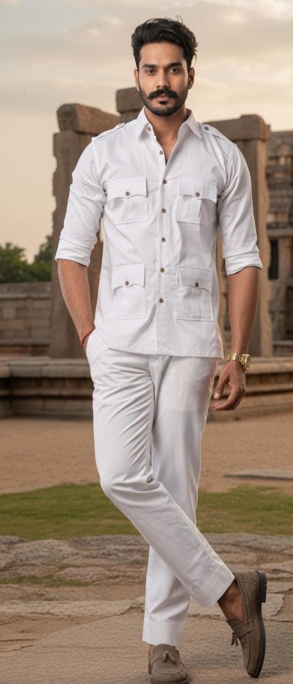 Men's White Cotton Safari Suit - 2 Piece Wedding Outfit