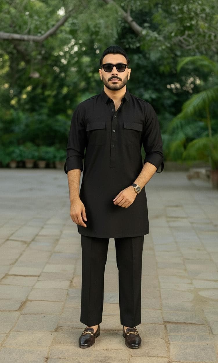 Black Cotton Blend Kurta Pajama Set: Traditional Indian Pakistani Outfit - image 3