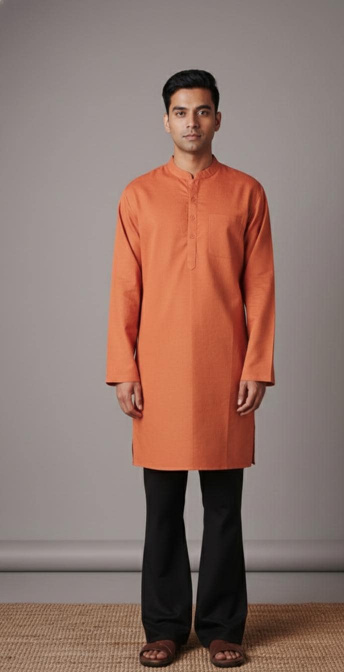Handmade Rust Orange Cotton Kurta | Men's Indian Ethnic Wear