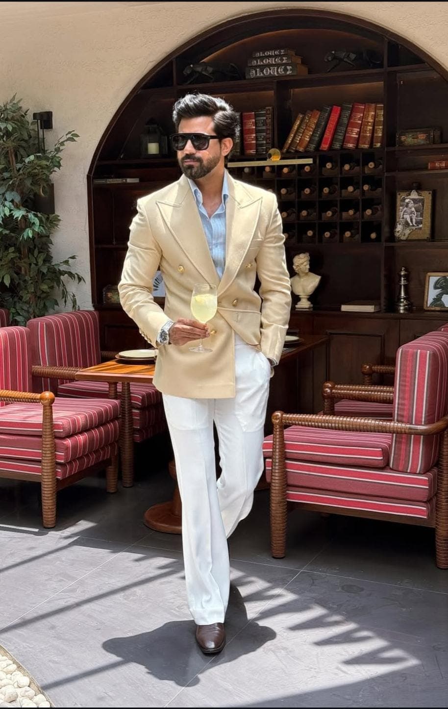 Men's Beige Double Breasted Blazer & White Trouser Set | Formal Poly-Viscose Suit - image 4