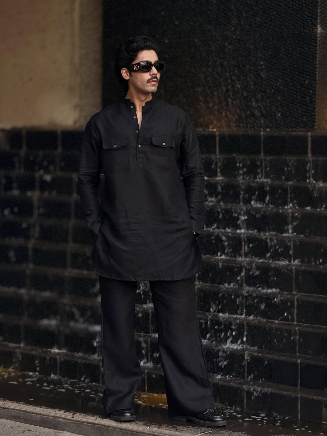 Men's Black Pathani Kurta Pajama Set – Linen Cotton Traditional Eid Outfit - image 3