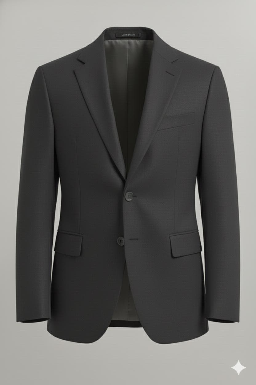 “Men’s dark gray blazer jacket with notch lapel, single-breasted design, front button closure, and flap pockets, shown on a plain background.”