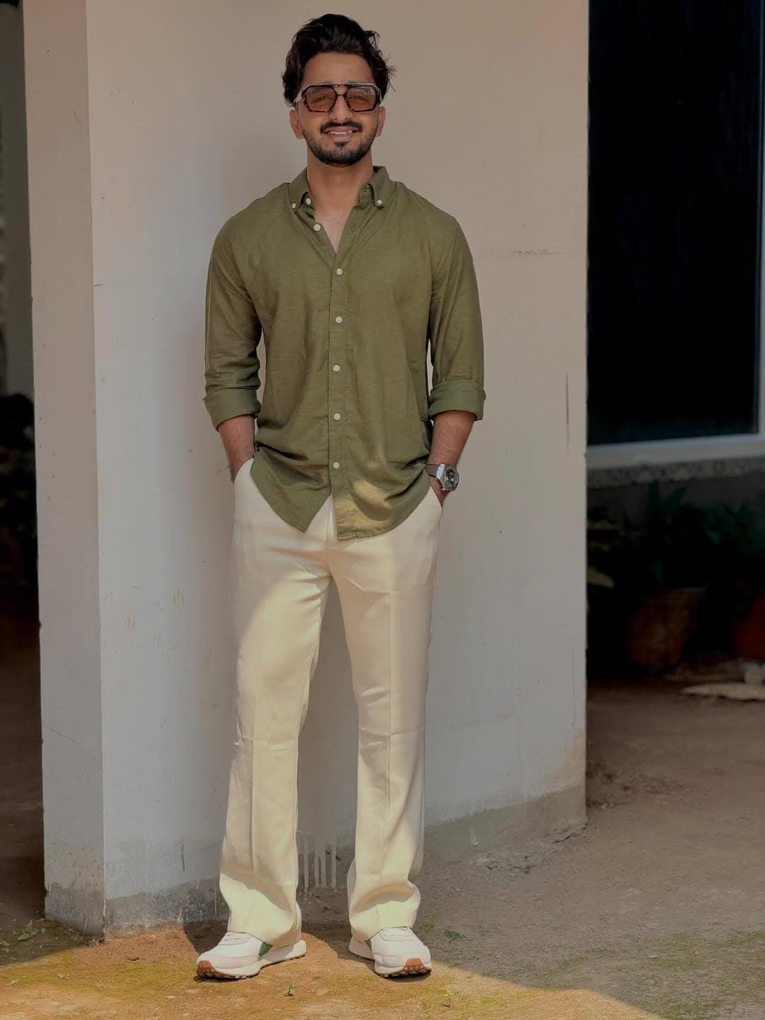 Men's Olive Green Shirt & Cream Trousers | Two-Piece Outfit