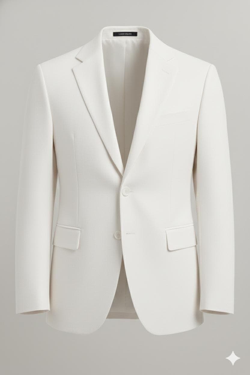 “Men’s white blazer jacket with notch lapel, single-breasted design, front button closure, and flap pockets, shown on a plain background.”
