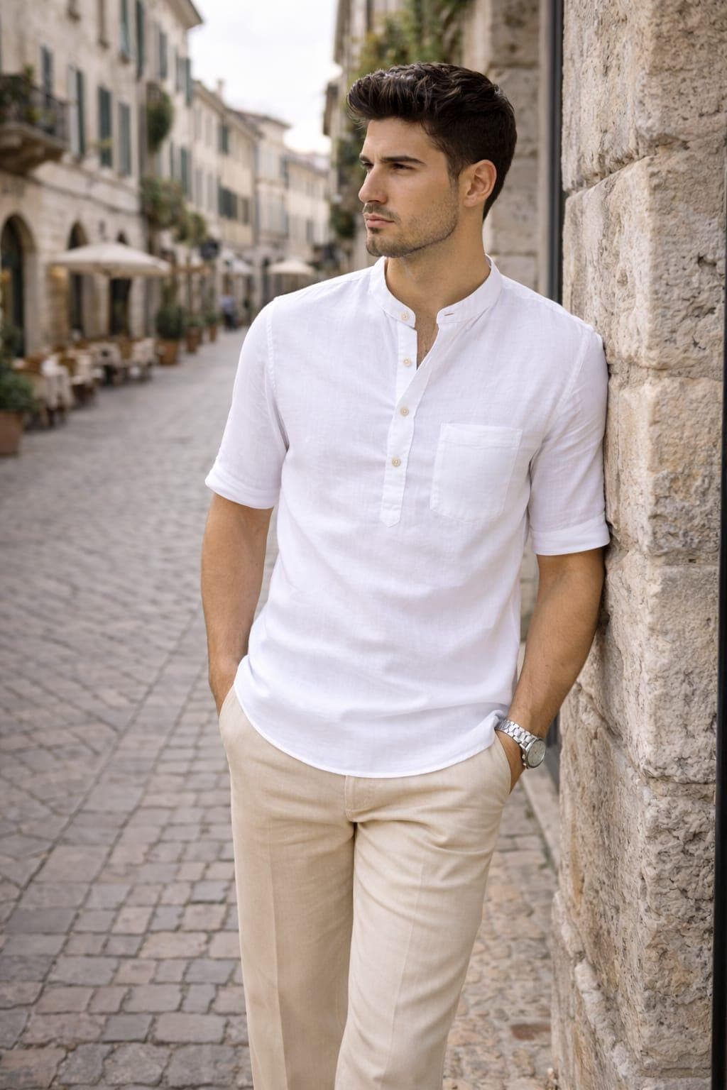 Men's White Linen Cotton Kurta Shirt Beige Pants Set | Breathable Summer Vacation Outfit - image 4