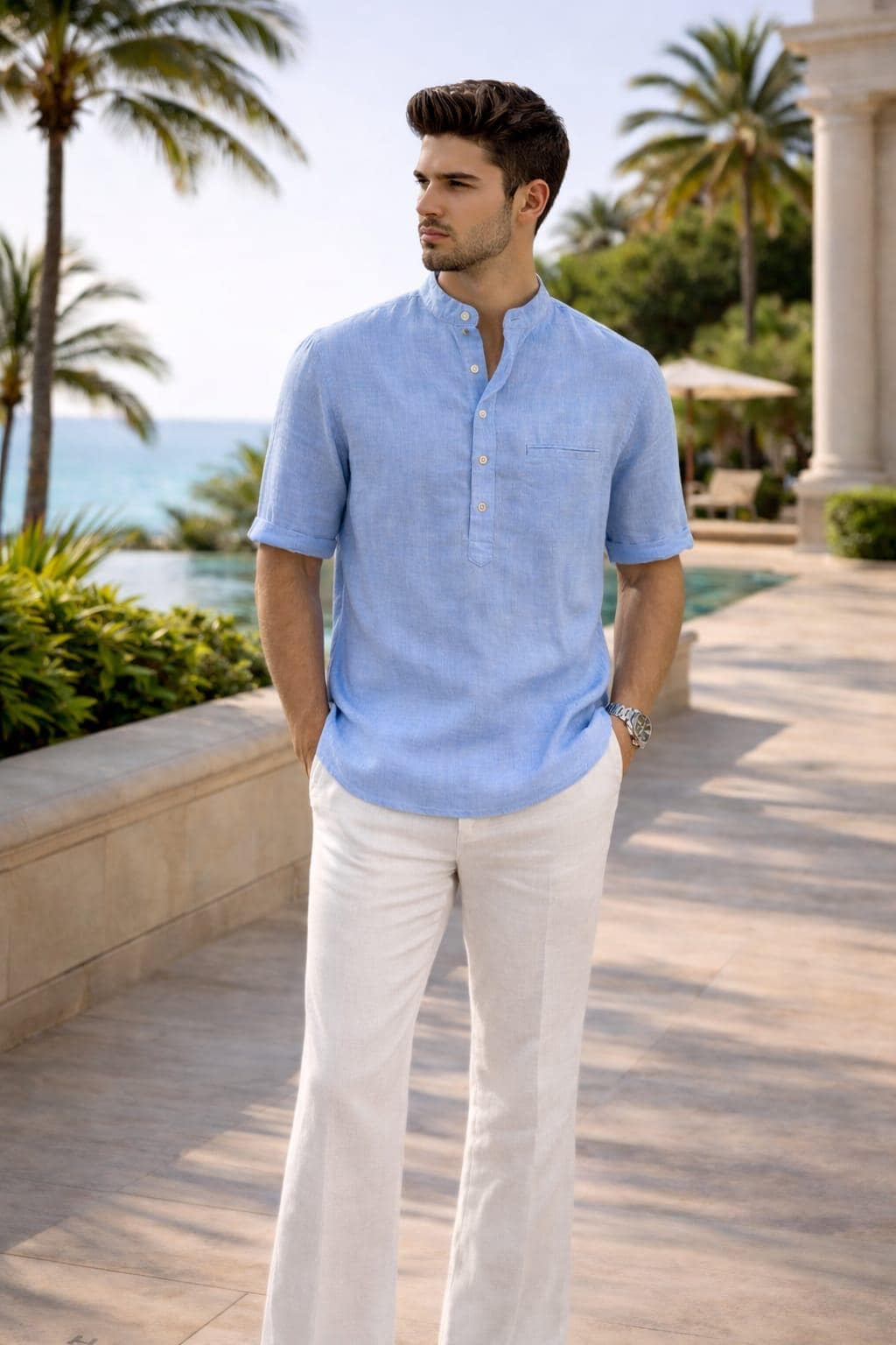 Men's Sky Blue Linen Cotton Kurta Shirt White Pants Set | Breathable Summer Vacation Outfit - image 3