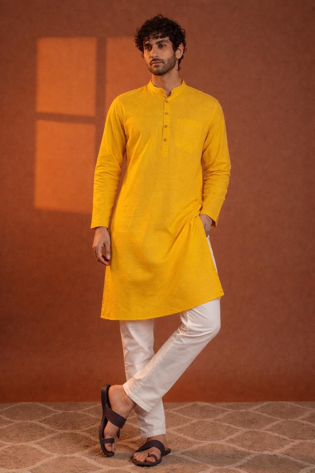 Men's Yellow Cotton Blend Kurta Pajama Set | Indian Ethnic Festive Wear