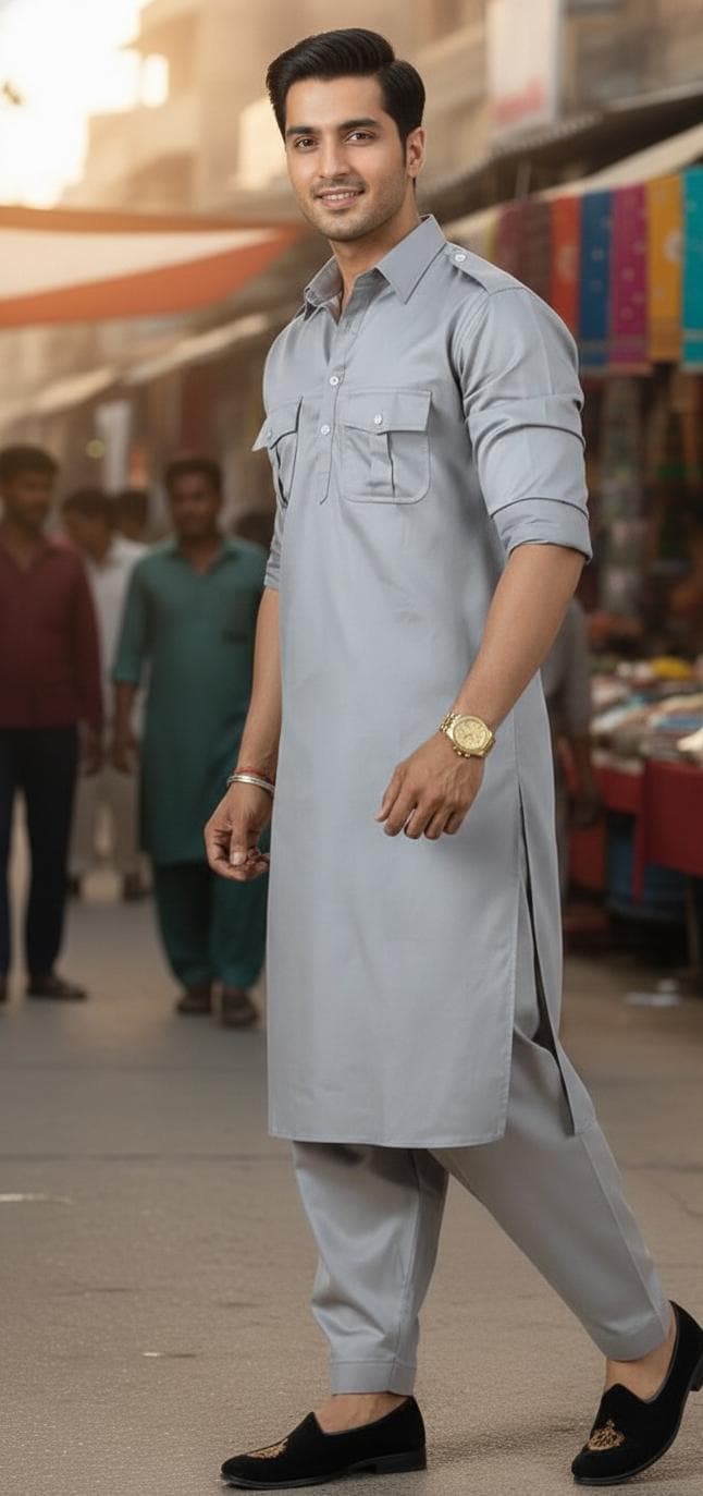 Gray Cotton Blend Kurta Shalwar: Men's Pakistani Suit - image 3