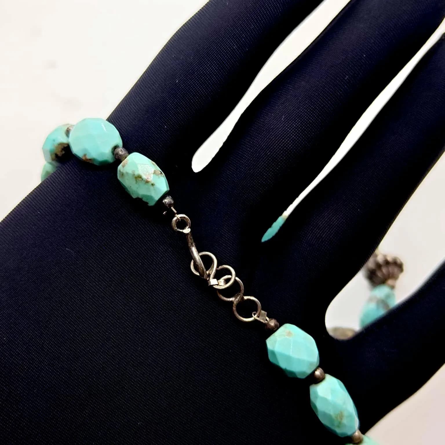 Natural Turquoise Beaded Necklace 4mm 16 inch Silver Designer Accents 197 Carats - image 3
