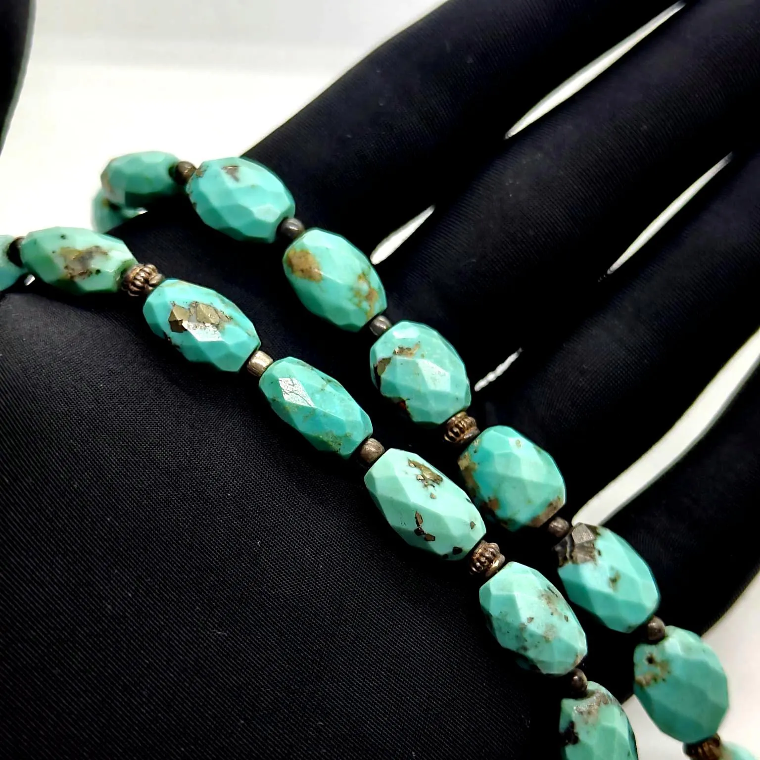 Natural Turquoise Beaded Necklace 4mm 16 inch Silver Designer Accents 197 Carats - image 4