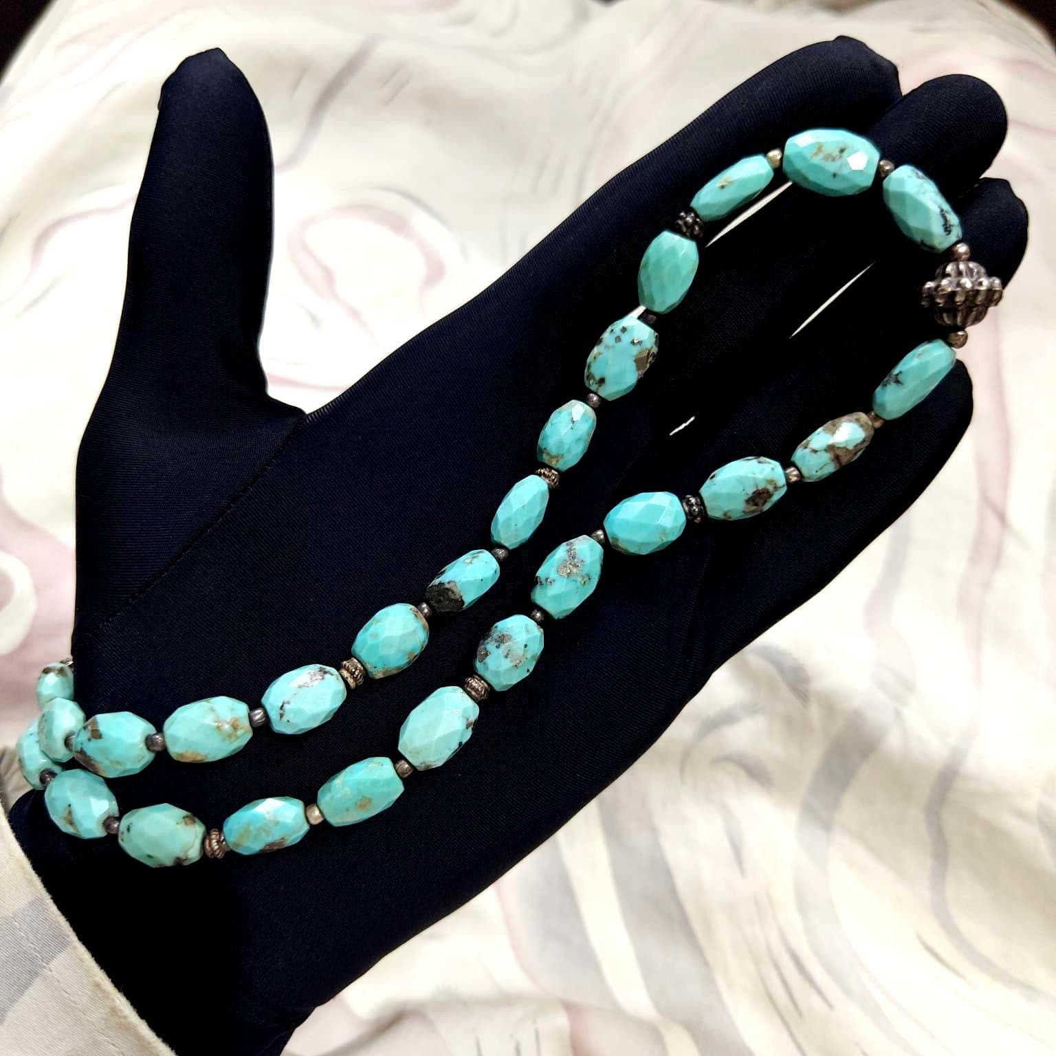 Natural Turquoise Beaded Necklace 4mm 16 inch Silver Designer Accents 197 Carats - image 5