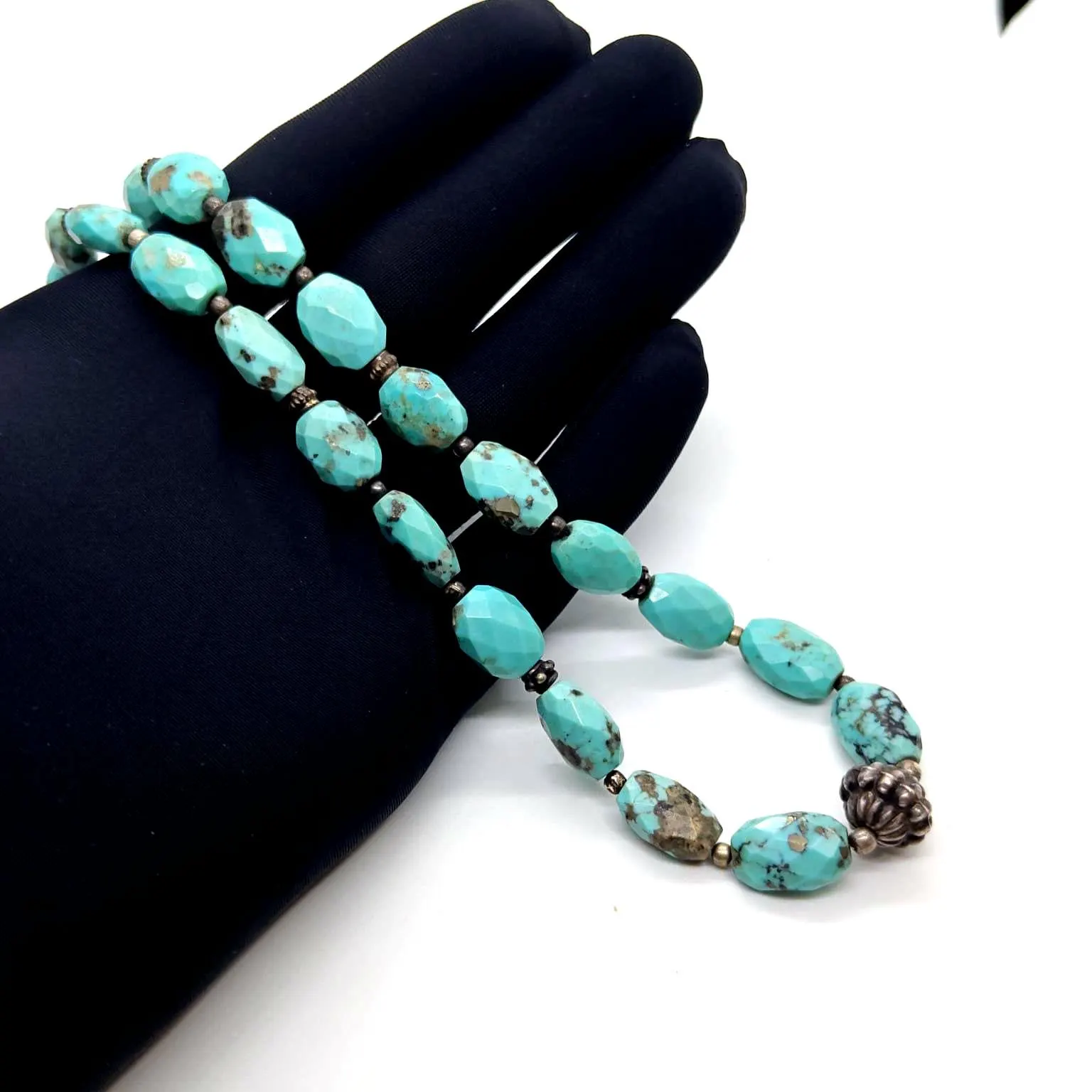 Natural Turquoise Beaded Necklace 4mm 16 inch Silver Designer Accents 197 Carats