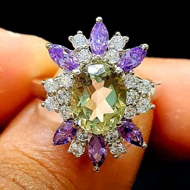 Green Amethyst Sterling Silver Cocktail Ring: Purple Amethyst