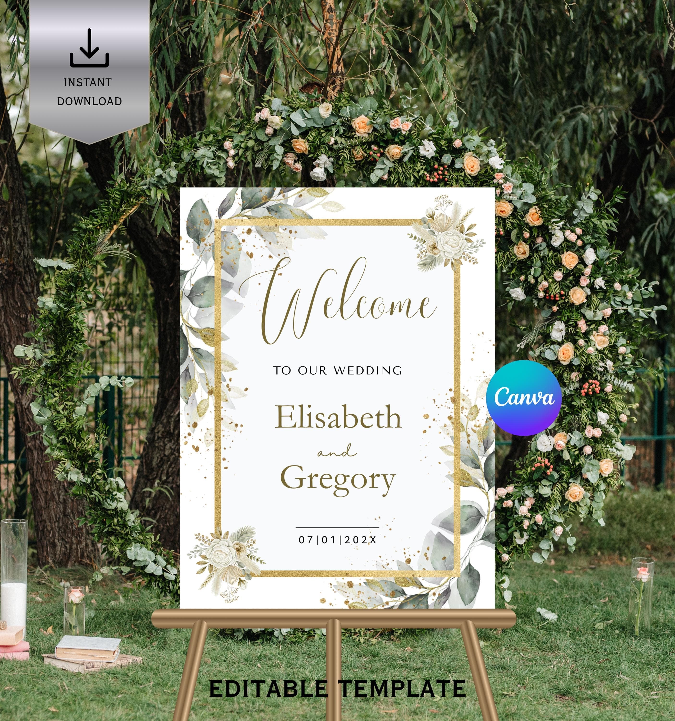 Gold Eucalyptus Wedding Welcome Sign, Botanical Greenery (Canva Template) - image 3