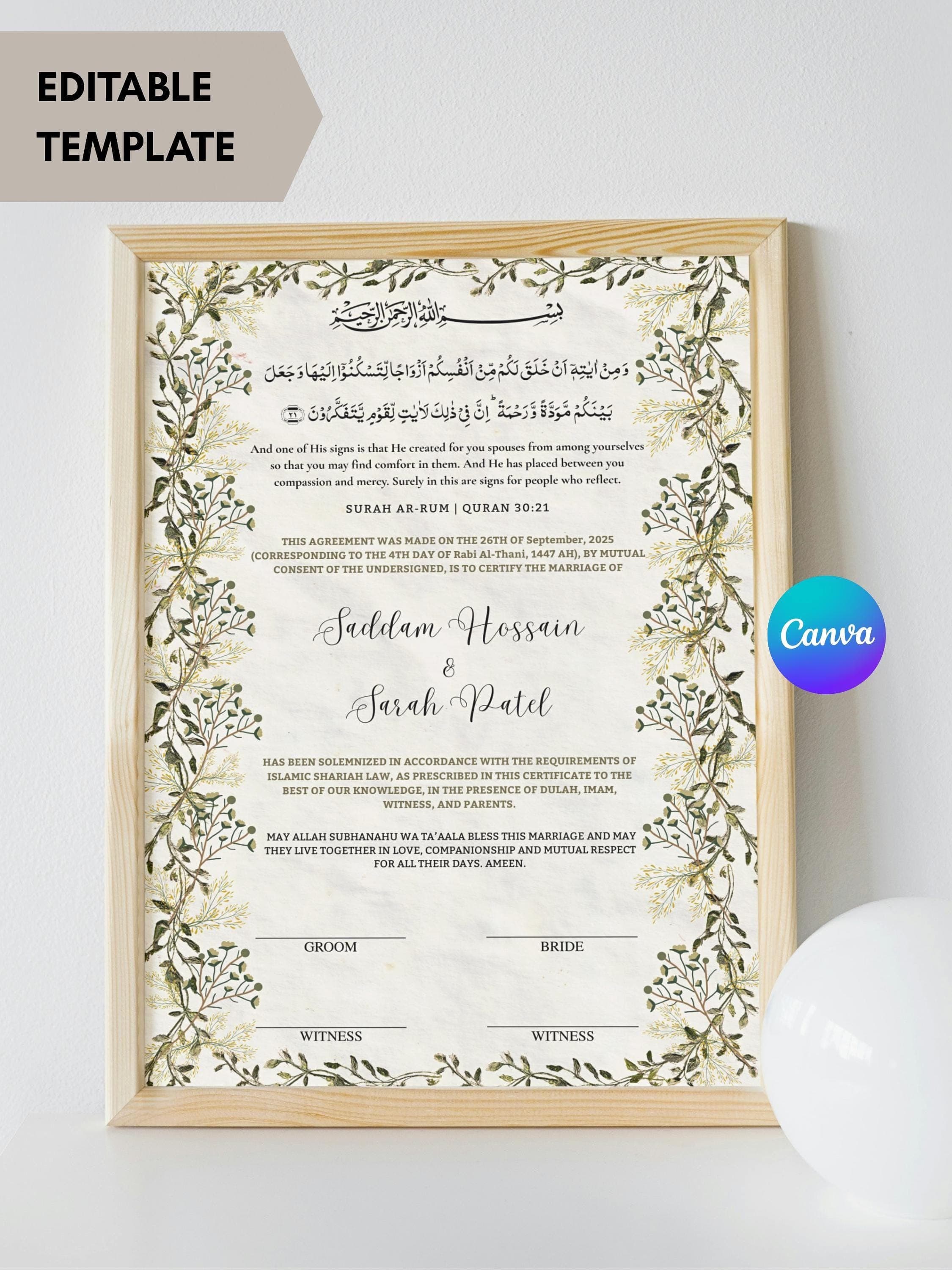 Floral Nikkah Certificate Template, Islamic Marriage Contract (A4 Digital Download Canva Editable) - image 3