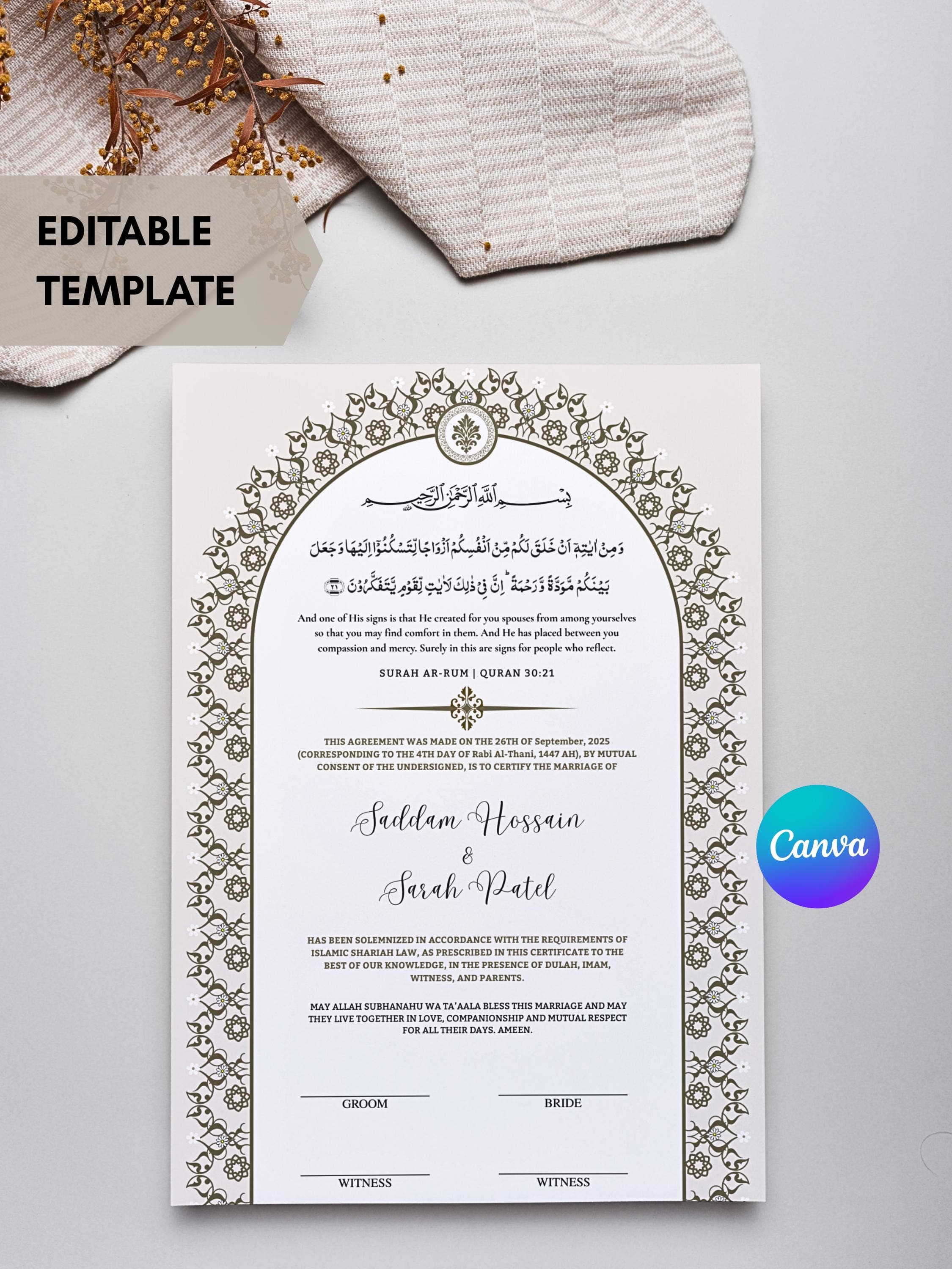 May include: A wedding template with decorative borders and Arabic script. The names "Saddam Hossain" and "Sarah Patel" are displayed, alongside text detailing the marriage. The Canva logo is visible in the corner.