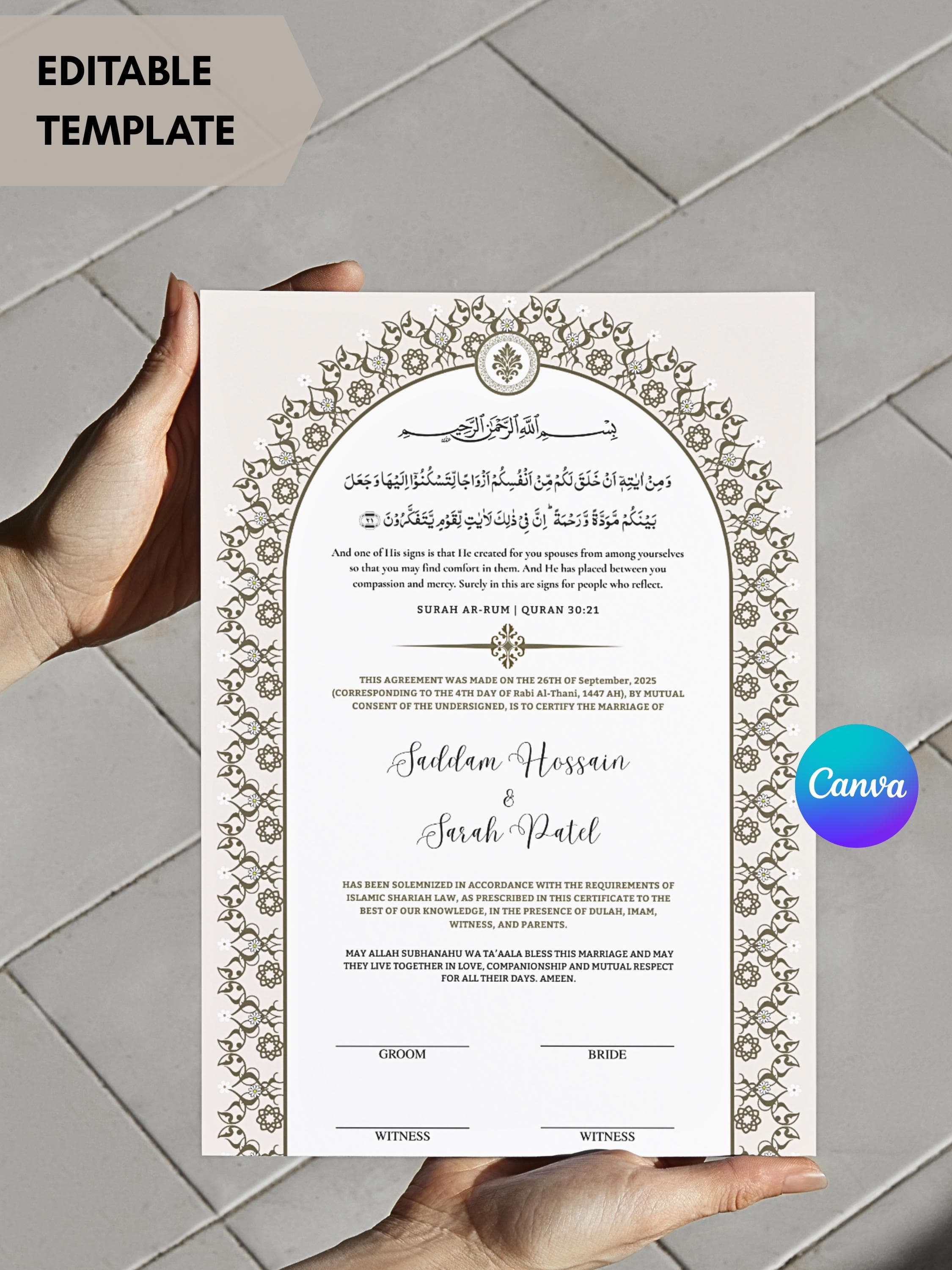 Islamic Marriage Contract A4, Editable Nikkah Certificate Template (Digital Download) - image 5