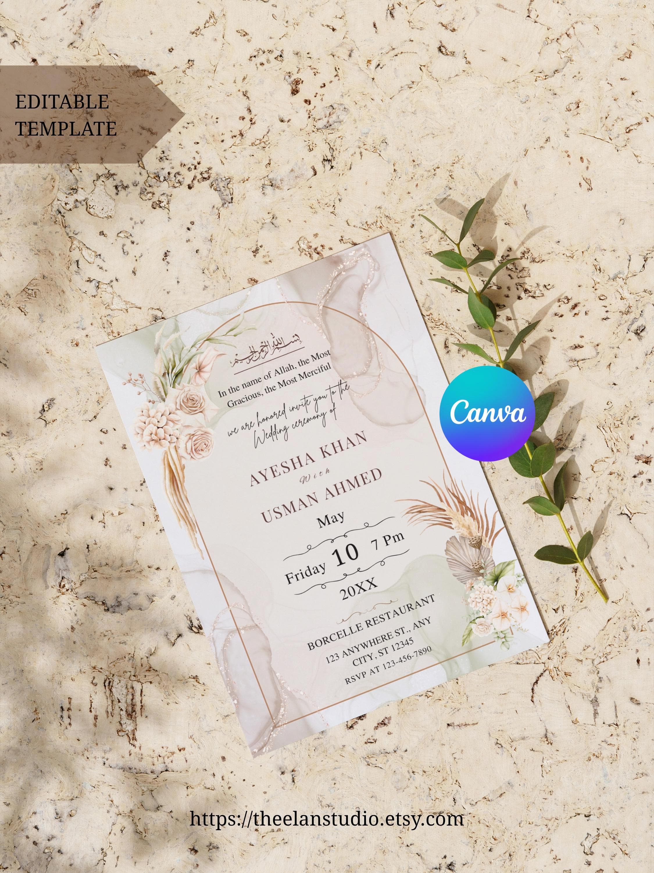 Editable Muslim Nikkah Invitation Floral Muslim Invite Floral Muslim Wedding Card Nikkah Invite Digital Islamic Wedding Invitation Template - image 3
