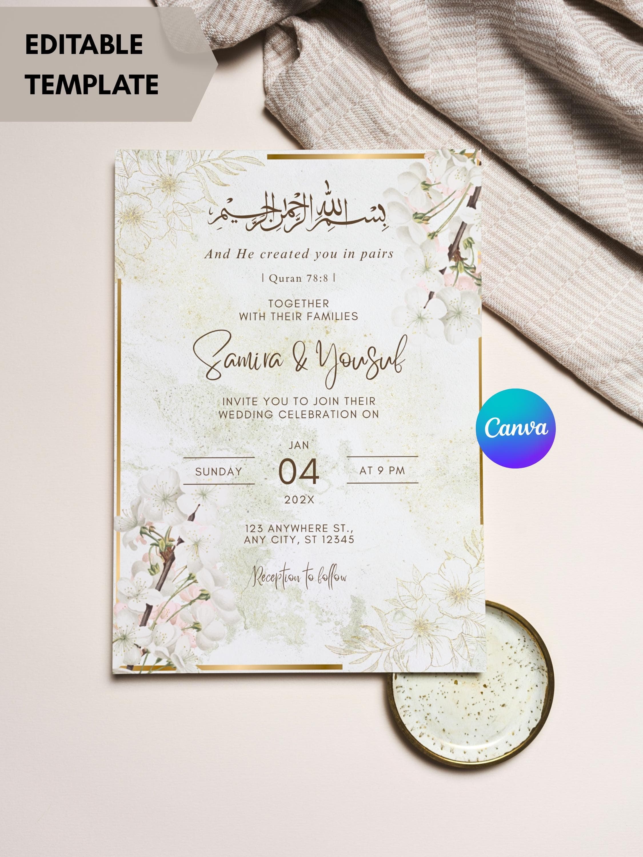 Muslim Wedding Invitation Canva Template, Cream Gold Floral Nikkah Card (Digital Download) - image 4