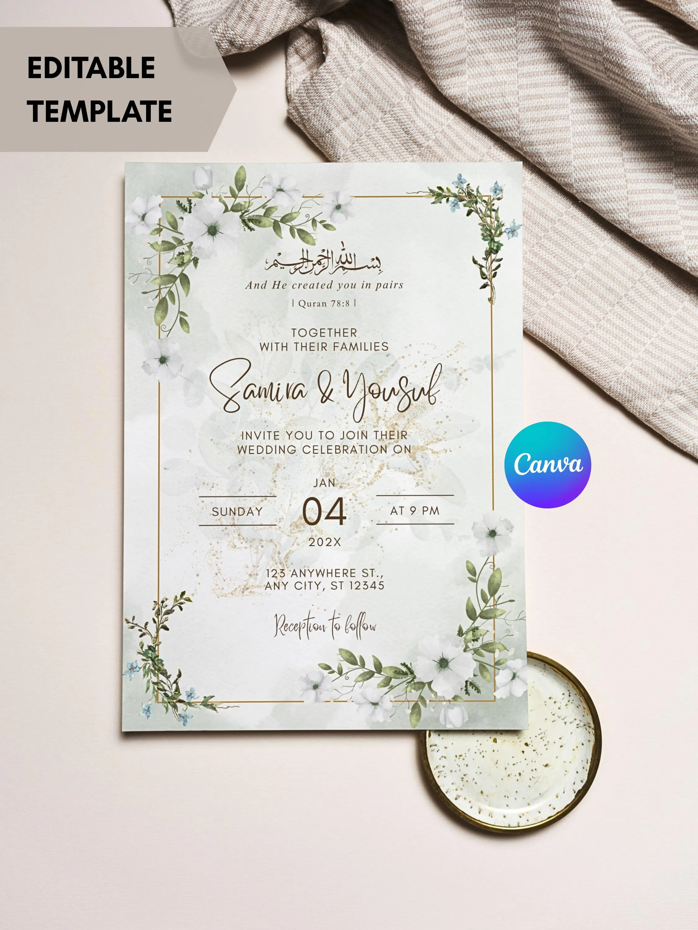 Islamic Wedding Invitation Template Nikkah Invitation Editable Muslim Wedding Invite Muslim Invitation Card Muslim Wedding Invitation Canva - image 2