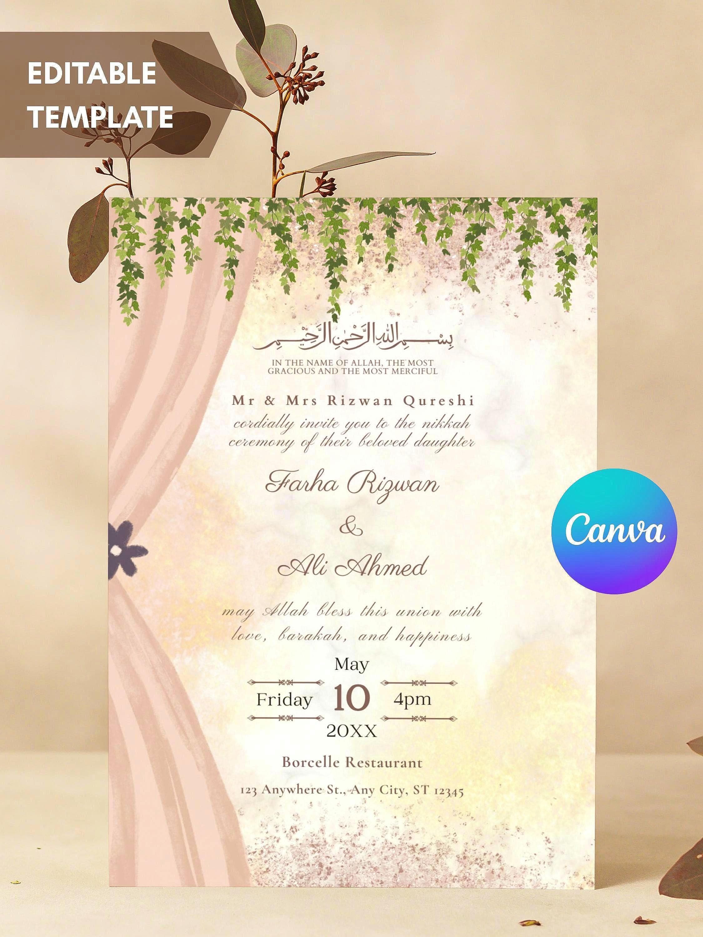 Editable islamic wedding, nikkah invitation template for canva , Cute greenery, pink and gold combination making it a perfect invitation for shaadi, walima, or nikkah.