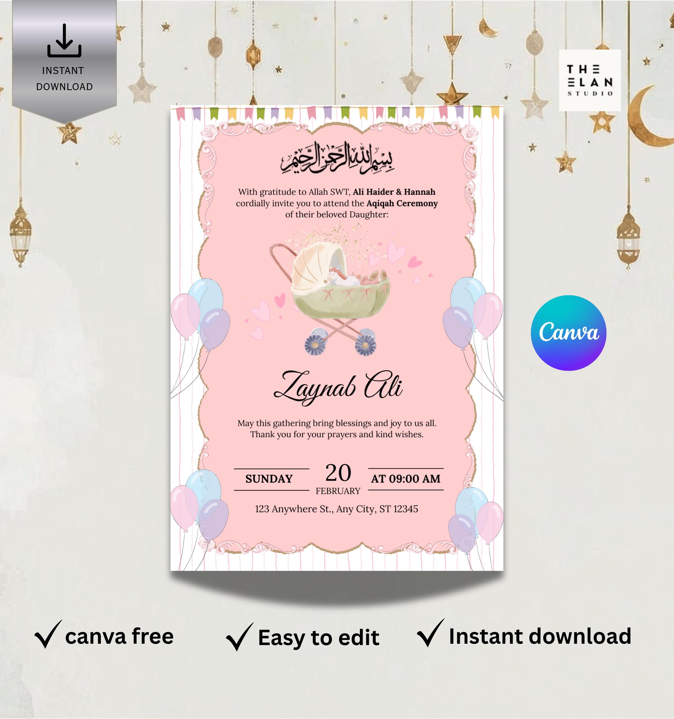 Baby Aqiqah Invitation Canva Editable Template, Aqeeqah Invitation, Aqiqah card, Muslim Baby Birth Announcement Invite Digital Download - image 3