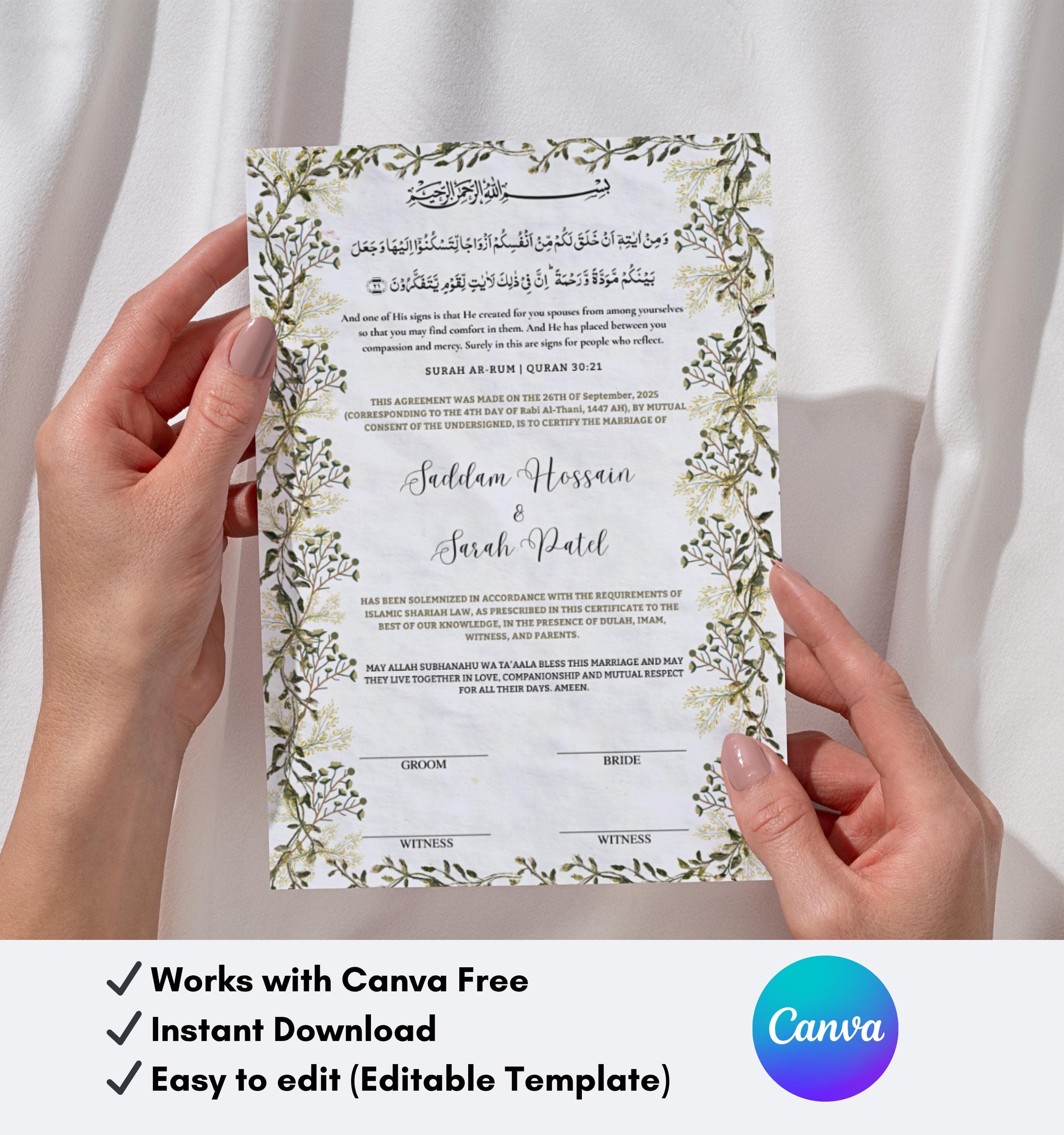 Editable Islamic Nikkah Certificate Template, Muslim Wedding Contract (A4 Digital Download) - image 4