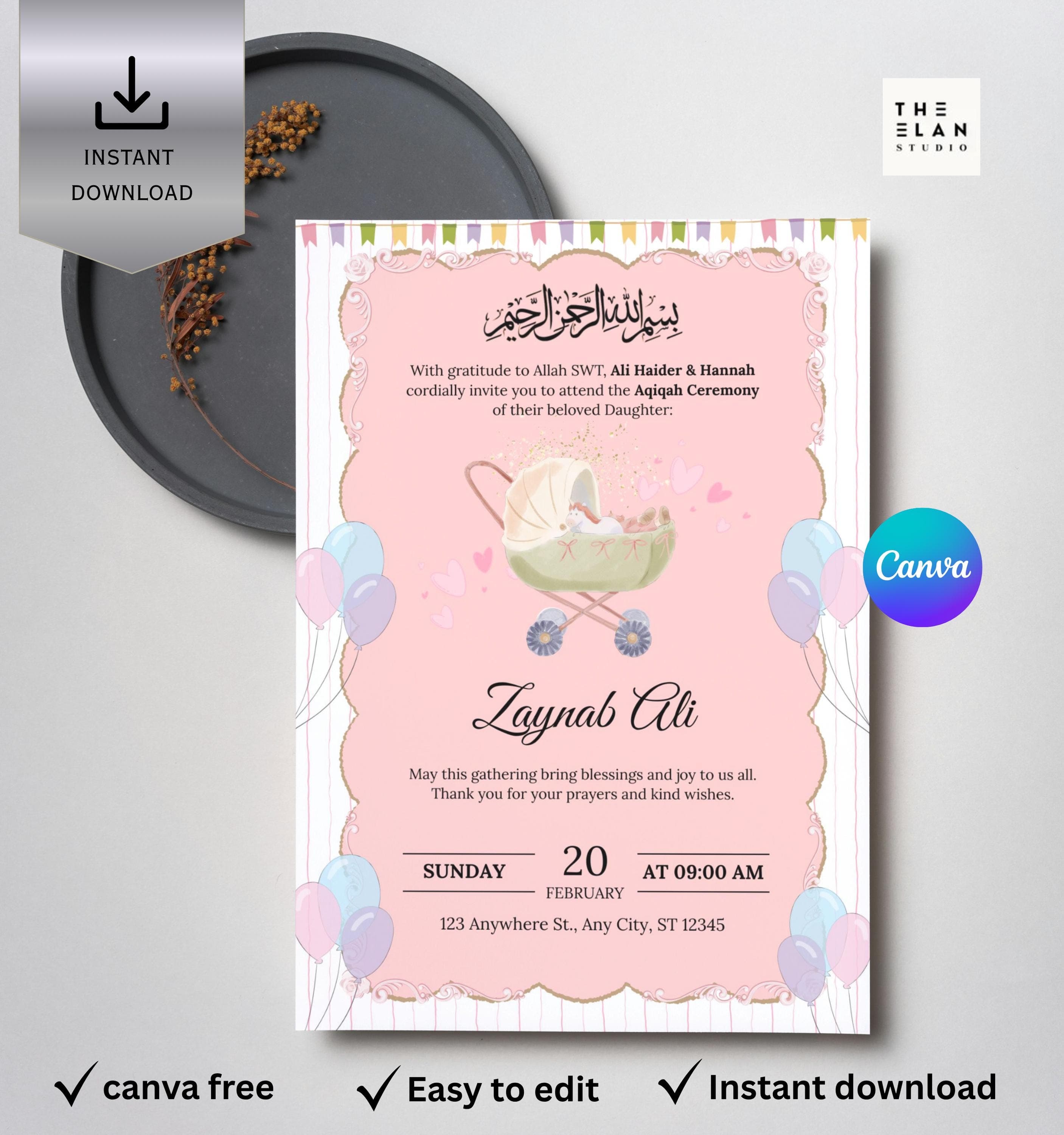 Baby Aqiqah Invitation Canva Editable Template, Aqeeqah Invitation, Aqiqah card, Muslim Baby Birth Announcement Invite Digital Download - image 4
