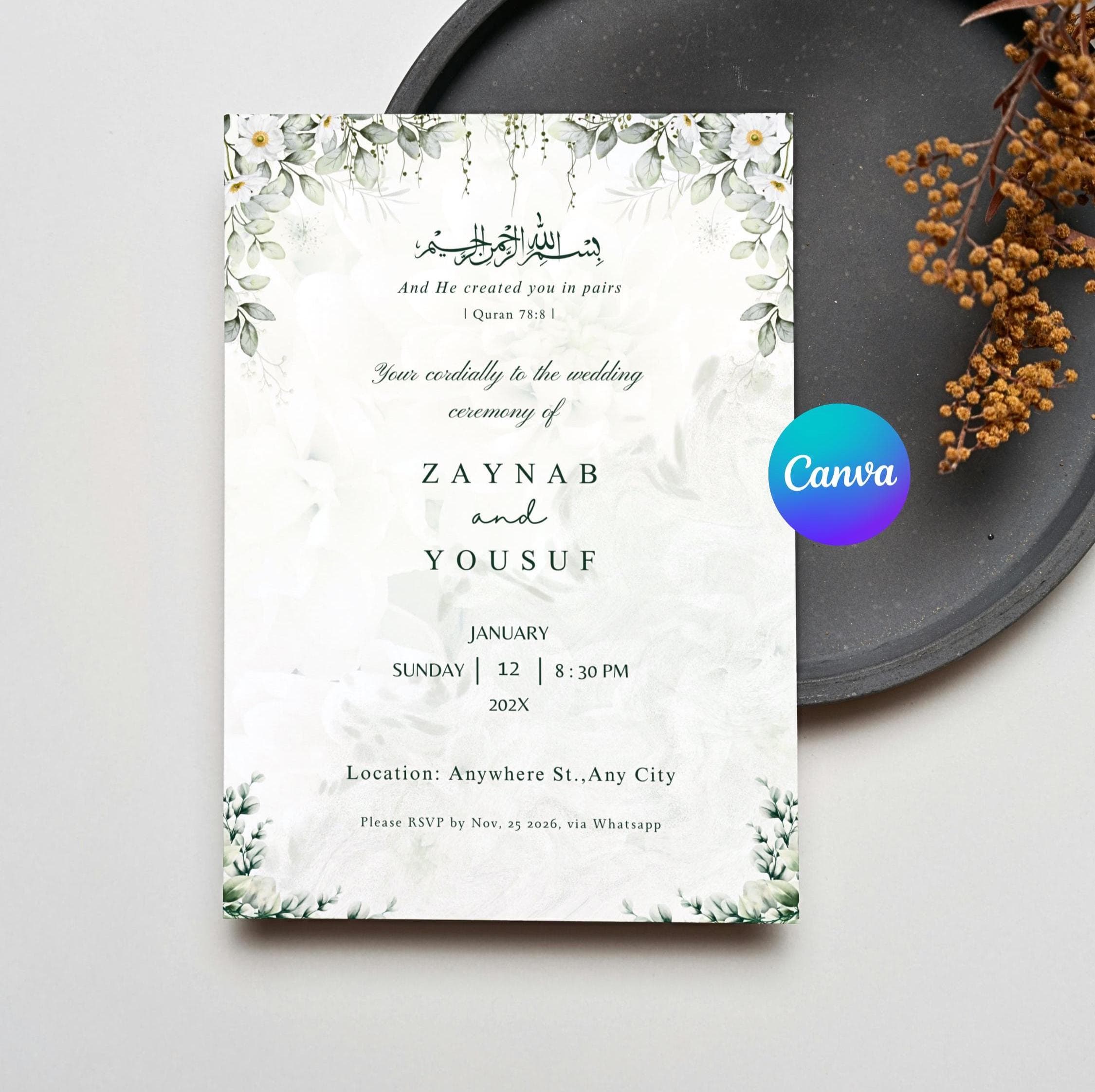 Muslim Wedding Invitation Template Nikkah Invitaion Islamic Marriage Card Shaadi Invite Barat Invitation Floral Muslim Nikah Invite Digital